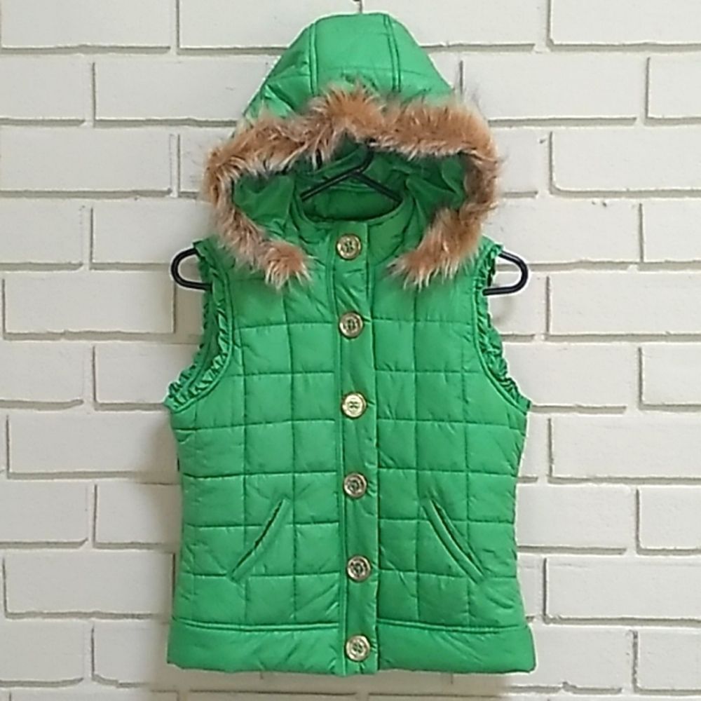 Justice Girls Green Furry Hood Puffer Vest. Size 14